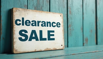 White clearance sale sign on rustic teal wooden background. Retail promotion with special offers, big discounts. Final price reduction for shopping merchandise in store. Consumers find great value,