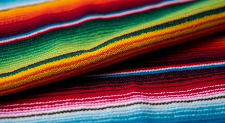 Obraz premium Red, yellow, green, and blue striped fabric close up. Colorful traditional mexican serape blanket texture. Vibrant textile background.