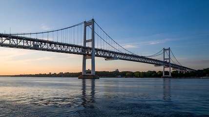 Obraz premium Majestic Suspension Bridge with Water Reflections and Clear Sky Photo