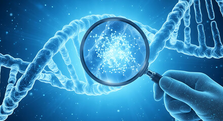 DNA strand magnified with hand holding magnifier for analysis