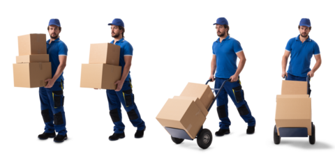 Delivery Courier Photo Set in Multiple Poses with Hand Cart of Parcels on White Background