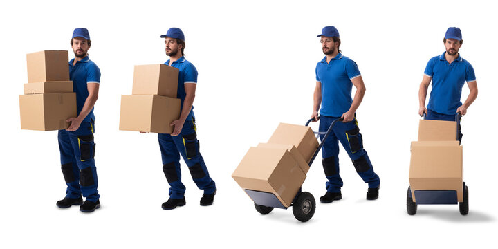 Delivery Courier Photo Set in Multiple Poses with Hand Cart of Parcels on White Background