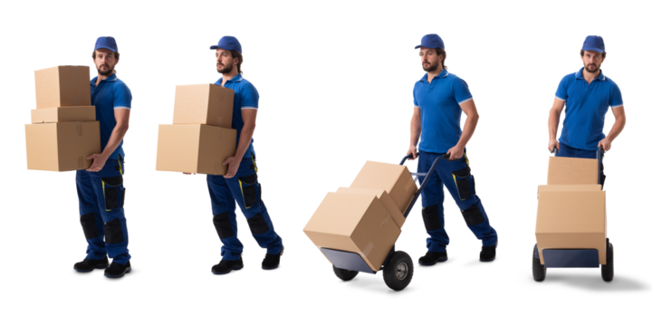 Delivery Courier Photo Set in Multiple Poses with Hand Cart of Parcels on White Background - Powered by Adobe