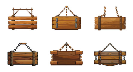 Fototapeta premium Set of six vintage wooden signboards hanging from chains and rustic style
