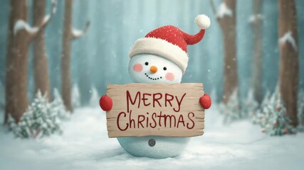 cute snowman holding merry christmas greeting sign in snowy winter forest landscape illustrated animation - Powered by Adobe