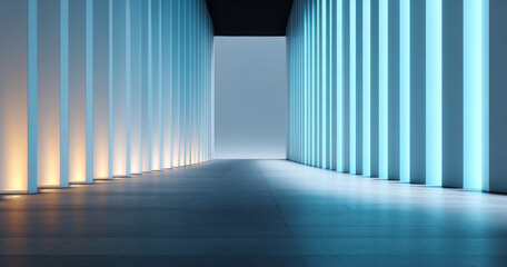 Modern architectural corridor with vertical illuminated panels creating symmetrical light patterns and a futuristic ambiance in a spacious interior