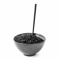 Black rice in a ceramic bowl with a single black chopstick standing upright, isolated on white background