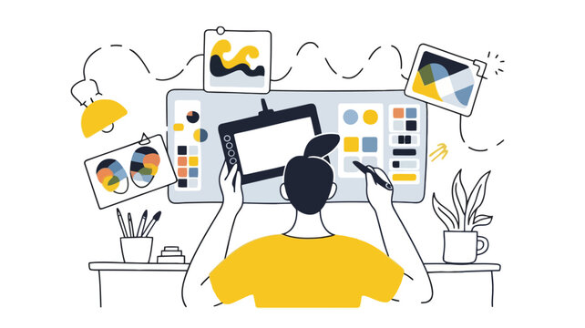 Clean and versatile vector graphic design featuring a creative workspace with colorful elements and organized layout