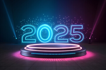 2025 Neon Stage Background, Futuristic 2025 Glow Scene, Neon Light 2025 Platform, Digital 2025 Countdown Design, Glowing 2025 New Year Concept