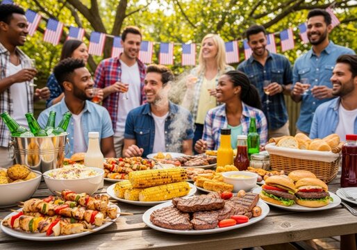 Group of diverse men and women enjoying a backyard barbecue gathering. Friends having fun at a grill party with American flags for Fourth of July.