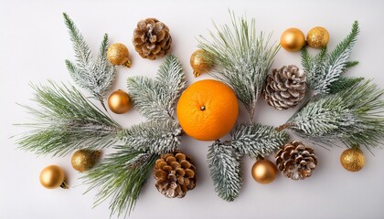 Festive Winter Flat Lay With Snow Covered Pine Cones Fir Branches Eucalyptus Golden Baubles And A Mandarin Orange On White Background