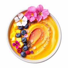 Vibrant mango smoothie bowl topped with fresh blueberry, raspberry, diced mango, and edible pink and white flower garnish, isolated on white background