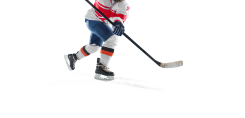 Ice hockey rink arena with professional player shooting the puck with hockey stick, isolated on free png background.