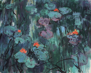 Moody Dark Water Lily Pond Artwork, Impressionist Deep Blue Lily Pad Scene, Aquatic Flowers in Dark Water Colors, Atmospheric Water Surface with Lilies, Moody Nature Pond in Artistic Style