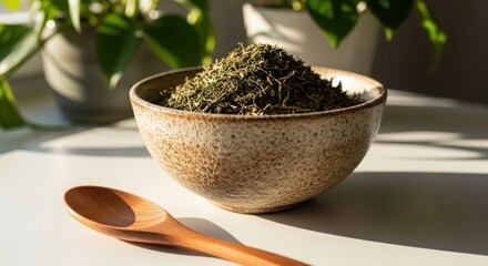 Dried green herbs in a textured ceramic bowl with a wooden spoon, bathed in natural sunlight, with blurred plants