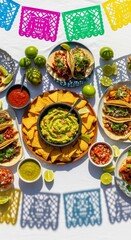 Fototapeta premium Delicious mexican fiesta spread with tacos, guacamole, salsa, and decorative paper banners over a white tablecloth, bright summer party culinary.