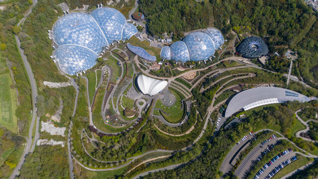 Aerial view of the striking biomes and geometric gardens create an otherworldly landscape, a testament to sustainable architecture and botanical diversity, Eden Project, Cornwall, United Kingdom.