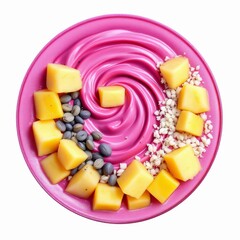 Vibrant pink smoothie bowl topped with fresh mango cubes, cacao nibs, and puffed grain, isolated on white background