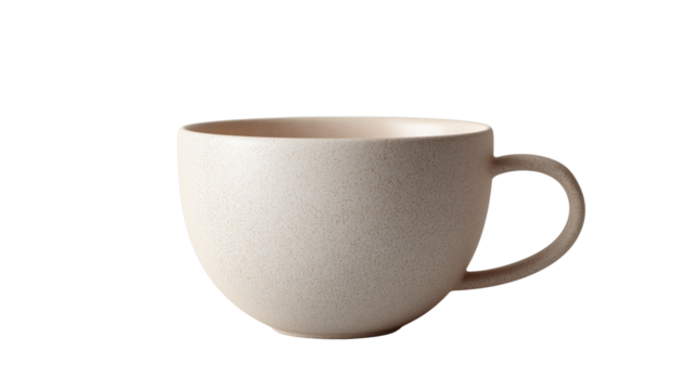 Minimalist ceramic coffee cup isolated on white background, soft shadow, clean product photo style