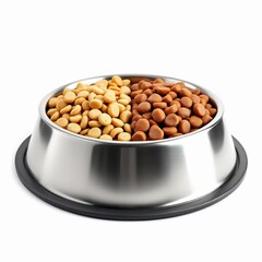 Stainless steel pet bowl filled with two types of dry dog food kibble isolated on white background