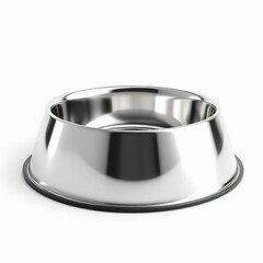 Shiny stainless steel pet food and water bowl isolated on white background