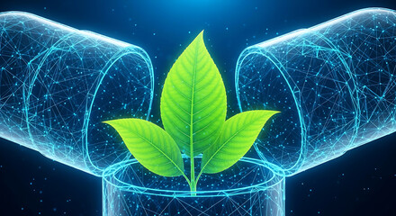 Green leaf growing inside digital capsules innovative agriculture