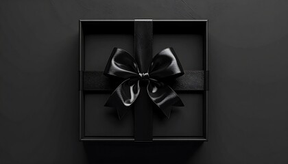 A satin black bow adorns an open, dark gift box against a textured, monochromatic, matte black background
