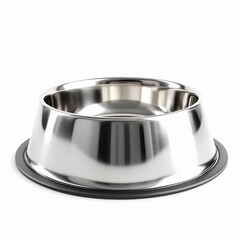 Shiny stainless steel pet food bowl with antislip rubber base isolated on white background