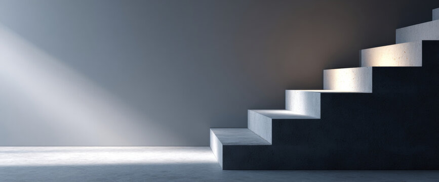 Minimalist concrete staircase illuminated by natural light in a modern empty interior space with smooth walls and floor