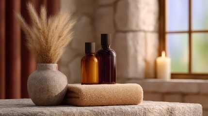 Warm spa ambiance with amber bottles pampas grass and candle