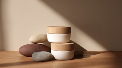 Warm ambient studio shot of stacked cosmetic jars with natural stones and wood props on surface