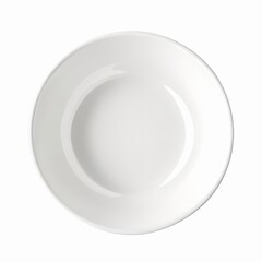 Top view of a clean, empty white ceramic soup plate or shallow bowl isolated on white background
