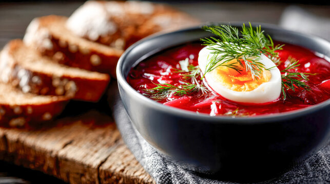 Warm bowl of beetroot soup topped with a halved boiled egg, served with fresh dill and rustic bread