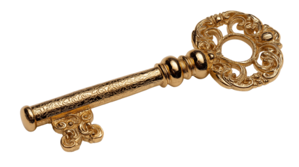 Golden key isolated on pure white, high detail, soft studio light, product PNG style