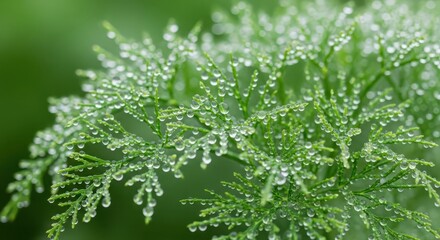 Closeup of vibrant green fern leaves covered in sparkling morning dew drops, showcasing natures delicate beauty