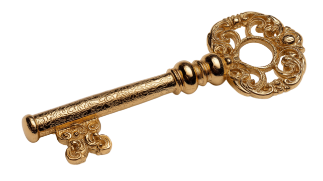 Golden key isolated on pure white, high detail, soft studio light, product PNG style