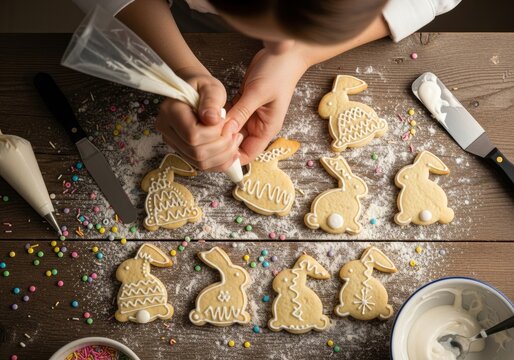 Woman decorating bunny shaped cookies with white icing. Homemade Easter snack preparation for holiday celebration. Holiday baking concept.