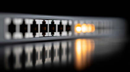 Fototapeta premium Close-up of network switch ports with illuminated status lights reflecting on a glossy surface in a dark environment
