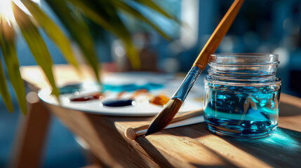 Paintbrush dipped in a jar of blue water beside a colorful artist palette in a warm studio environment