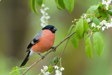 A male bullfinch sits on a branch in spring. A bullfinch in the nature habitat. Pyrrhula pyrrhula