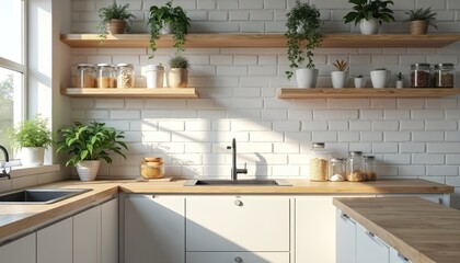 Naklejka premium Clean modern kitchen with white brick walls and light wood open shelving. Potted green plants add life above food storage jars and countertops. A stainless steel sink and faucet are central.