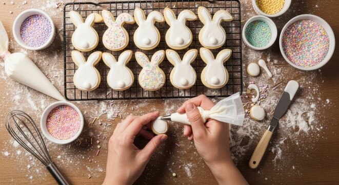 Woman hands decorating cute bunny cookies with icing and sprinkles. Homemade Easter dessert preparation. Holiday baking tradition and celebration. - Powered by Adobe