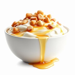White bowl of creamy yogurt topped with caramel sauce and crunchy macadamia nut pieces isolated on white background