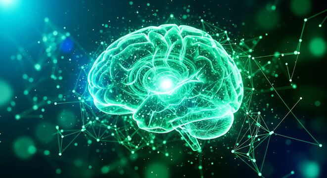 Artificial Intelligence Brain Connecting Neural Networks with Green Glow