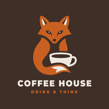 Elegant Fox Holding Coffee Cup Logo In White And Brown Colors, Minimalist Luxury Design For Cafe, Coffee Shop Or Brand Identity