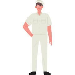 Full Body Illustration of a Man in a Light Colored Uniform Standing with One Hand in His Pocket and White Background