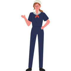 Full Body Portrait of a Woman in a Navy Blue Sailor Uniform with White Hat and Red Scarf Presenting with Left Hand Raised Against Transparent Background