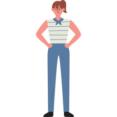 Full Body Portrait of a Woman Standing Confidently with Hands on Hips Wearing a Striped Sleeveless Shirt and Blue Trousers against a White Background