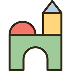 Colorful toy blocks stacked to form a simple castle or building structure with an archway on a transparent background