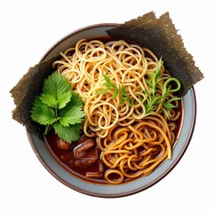 Delicious bowl of ramen noodles with dark broth, seaweed, and fresh green garnish, top view